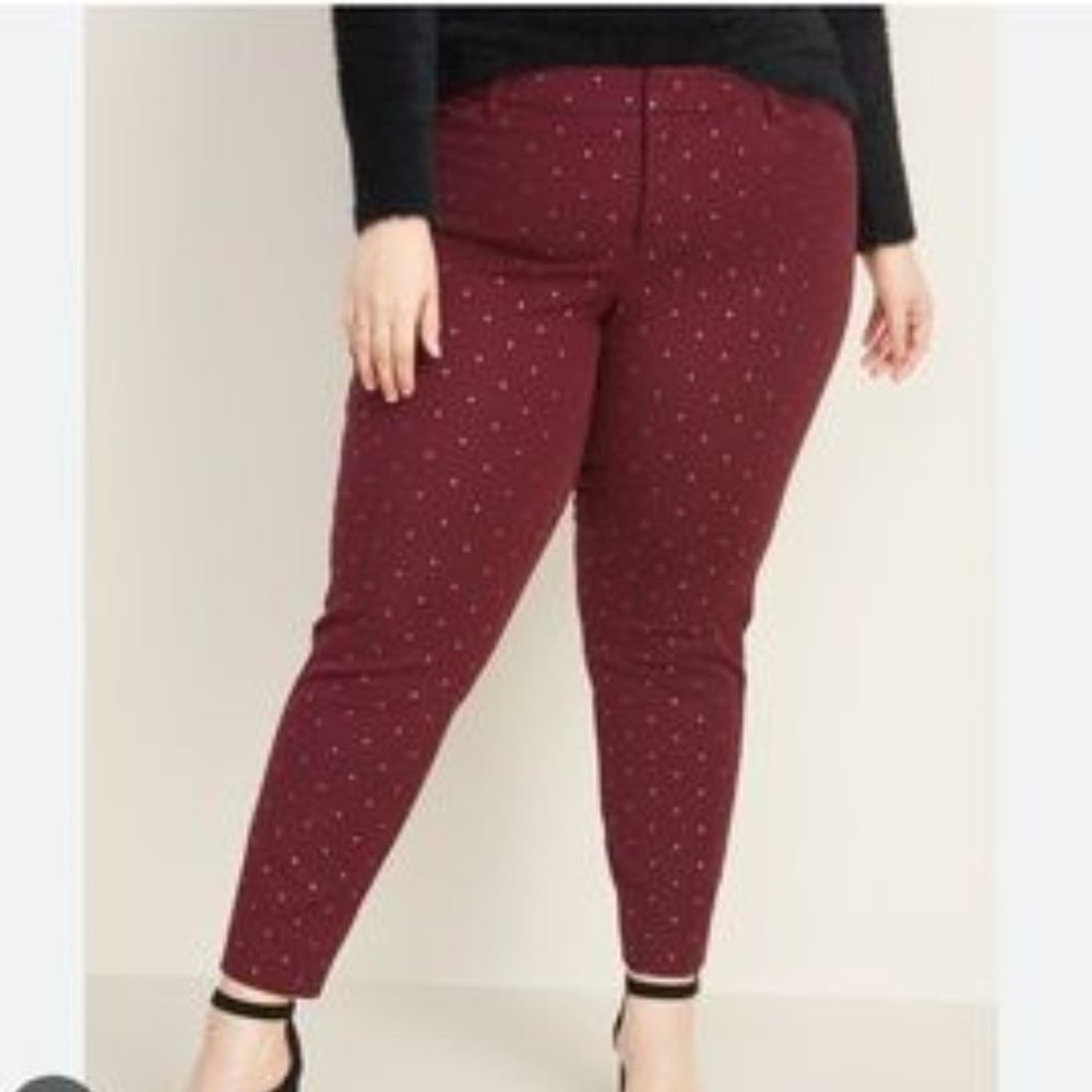 Old Navy Mid-Rise Pixie Skinny Ankle Pants - Burgundy w/Rose Gold Dots